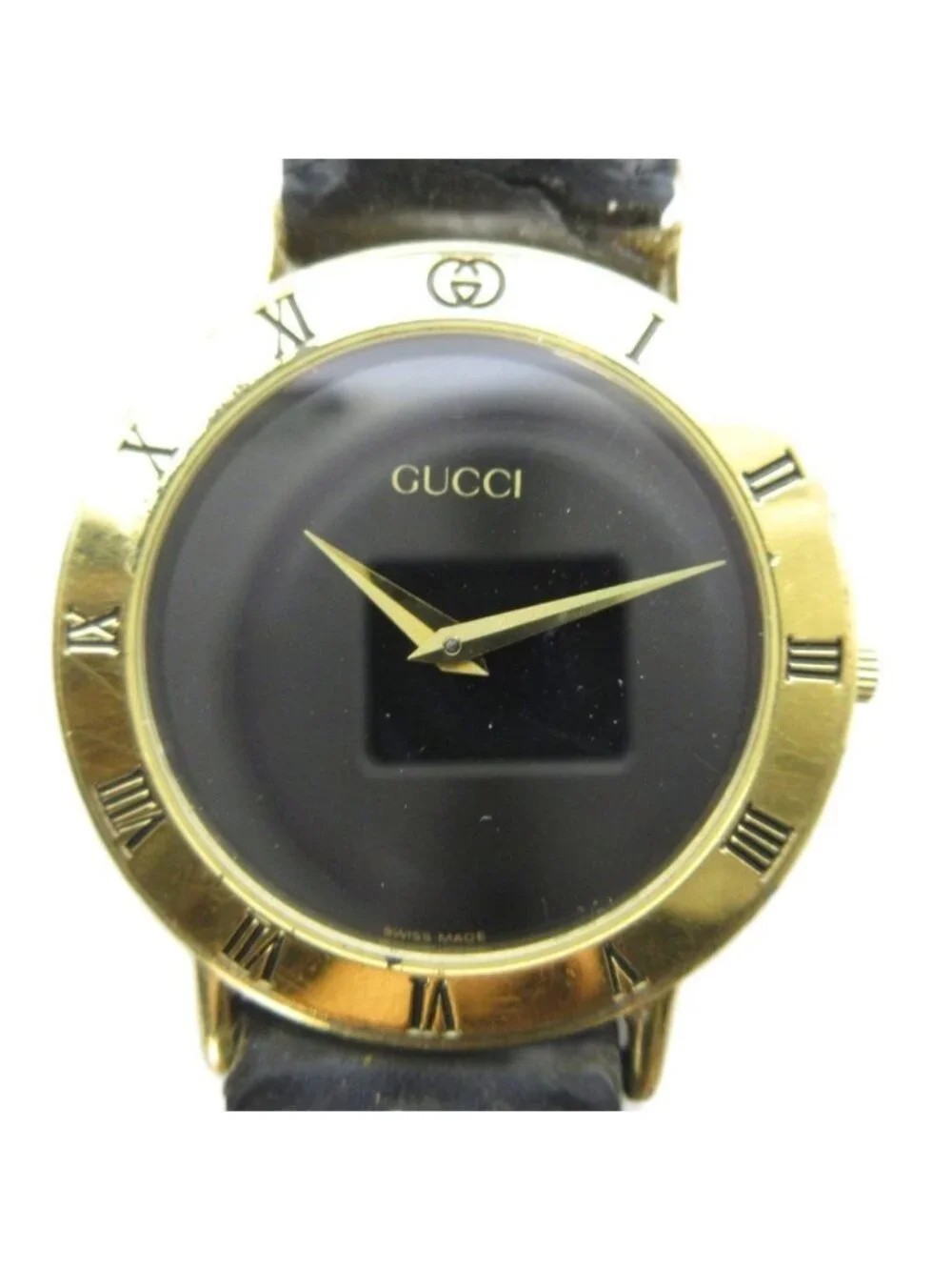 Gucci 3000.2 M Watch Quartz Leather Strap Black Dial Gold